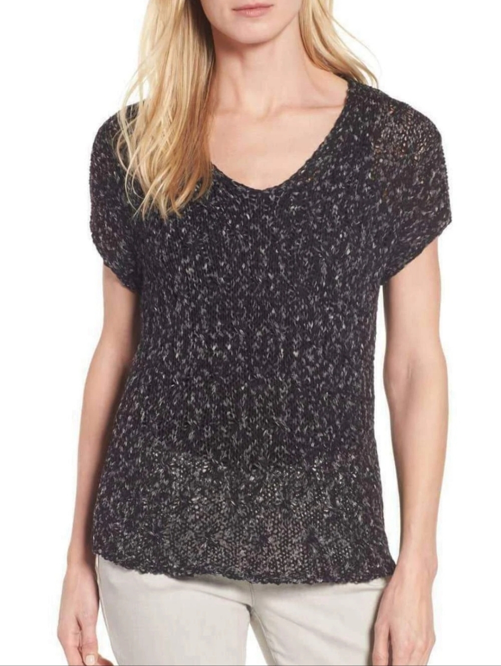 Eileen Fisher Black Organic Cotton Nylon Tape VNeck Cap Sleeve Semi Sheer Top XL